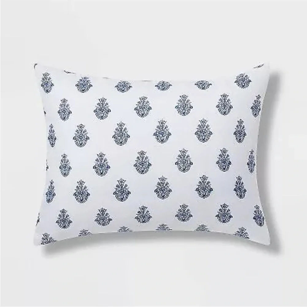 Threshold F/Q 5 Pc Comforter Set , Block Print with Border, Blue/White